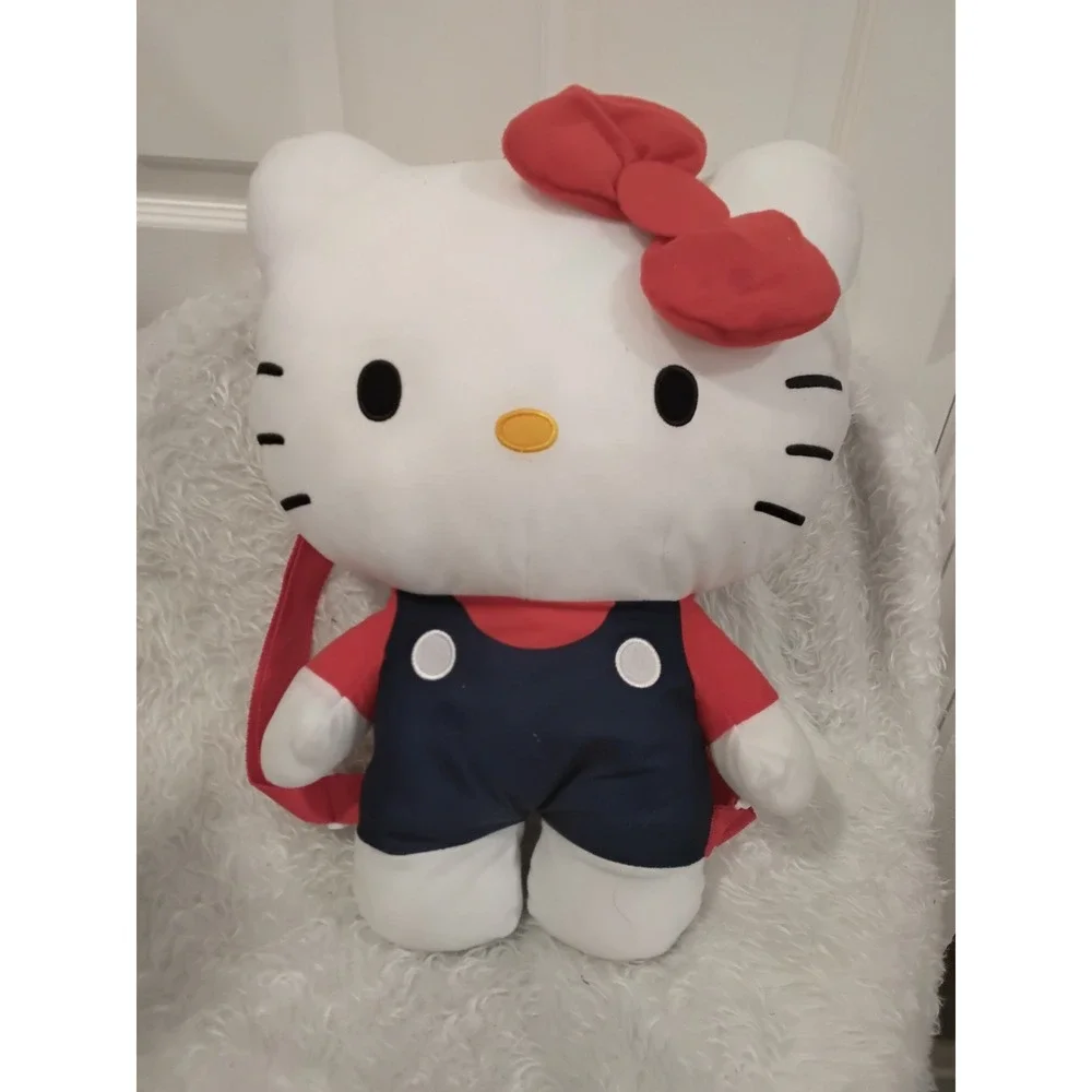 Sanrio Hello Kitty Plush Backpack Kids Red Blue Overalls 15 Inch Soft Bag